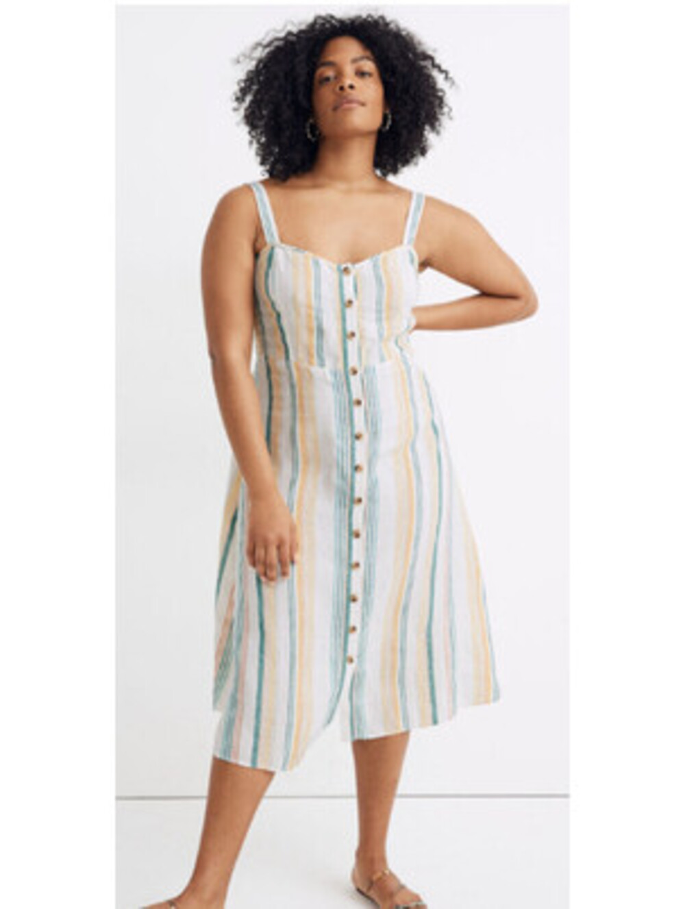 Madewell Linen Fitted-Bodice Midi Dress Pale Parchment Carnival L3446 Size 14